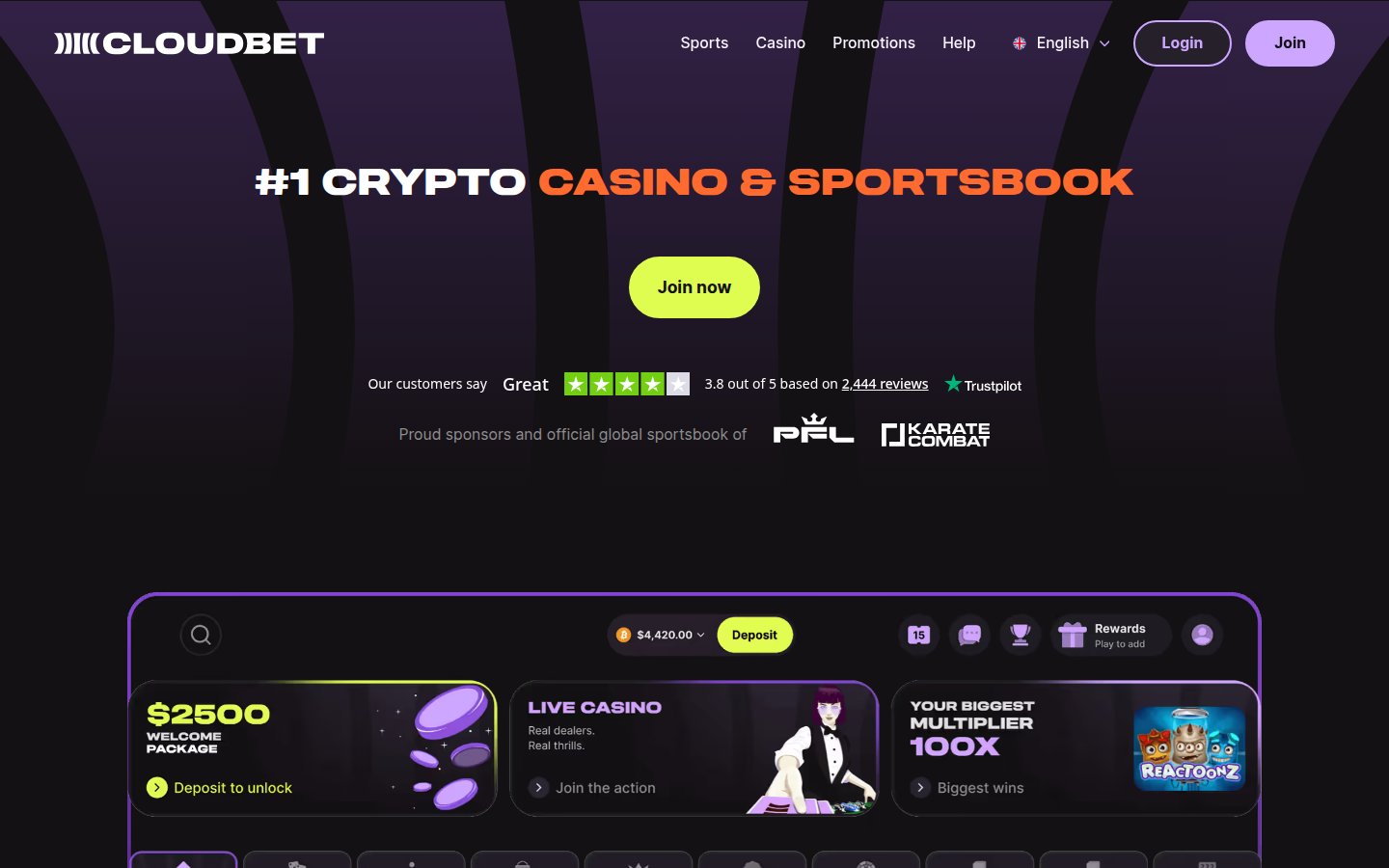 Cloudbet Casino homepage screenshot