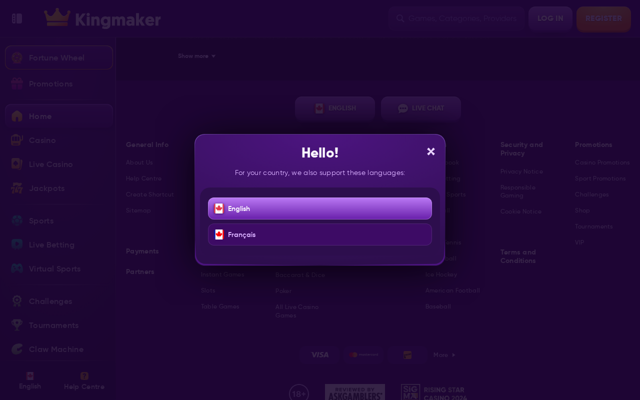 Kingmaker Casino homepage screenshot