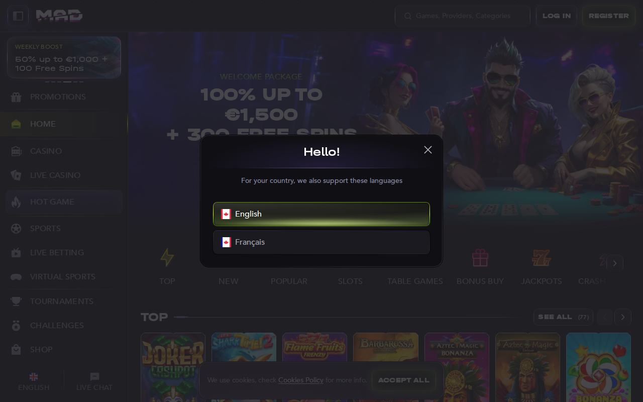 Madcasino homepage screenshot