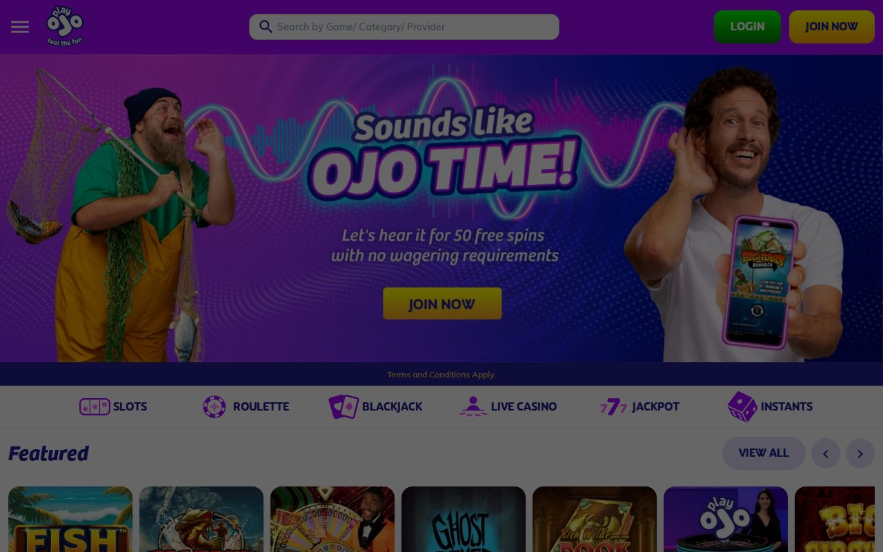 PlayOjo Casino homepage screenshot