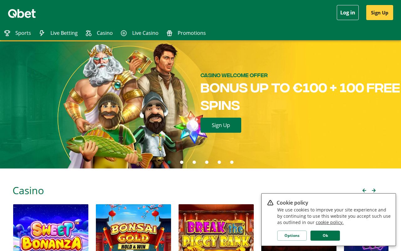 Qbet Casino homepage screenshot