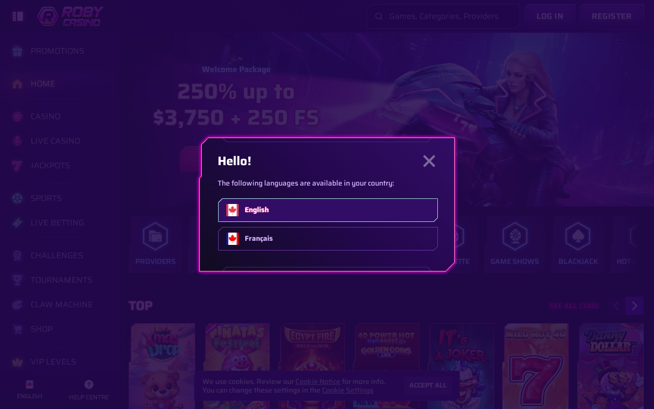 Roby Casino homepage screenshot